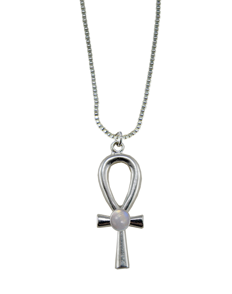 Sterling Silver Egyptian Ankh Pendant With Rainbow Moonstone